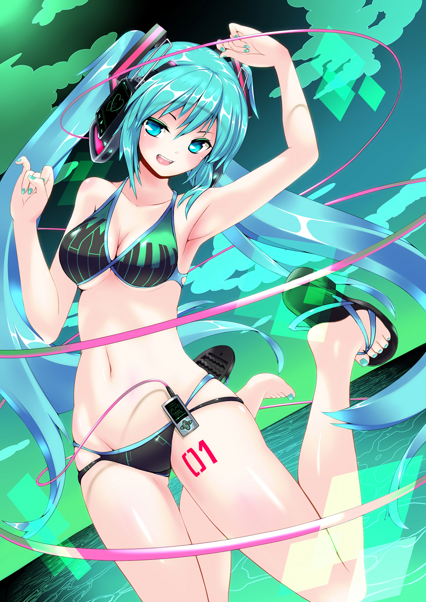 1girl, aqua_nails, bare_shoulders, barefoot, bikini, blue_eyes, blue_hair, breasts