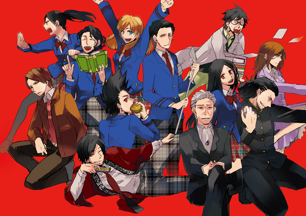6+boys, ^_^, arms_up, ascot, black_hair, blazer, blue_eyes, book