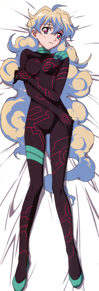 1girl, adult, antispiral_nia, bodysuit, dakimakura, jewelry, long_hair, looking_at_viewer, lying, multicolored_hair, nia_teppelin, official_art, ring, skin_tight, smile, solo, tengen_toppa_gurren_lagann, two-tone_hair, very_long_hair
