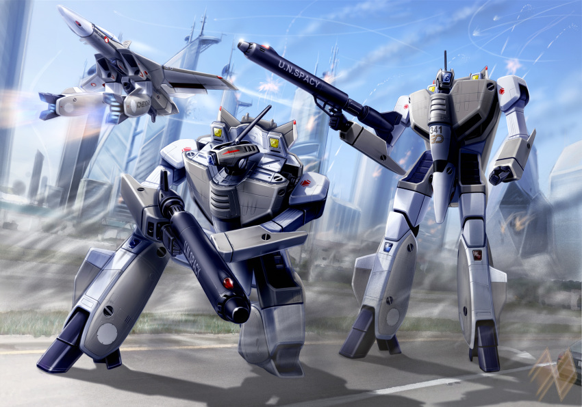battle, car, choujikuu_yousai_macross, city, condensation_trail, explosion, flying, gerwalk