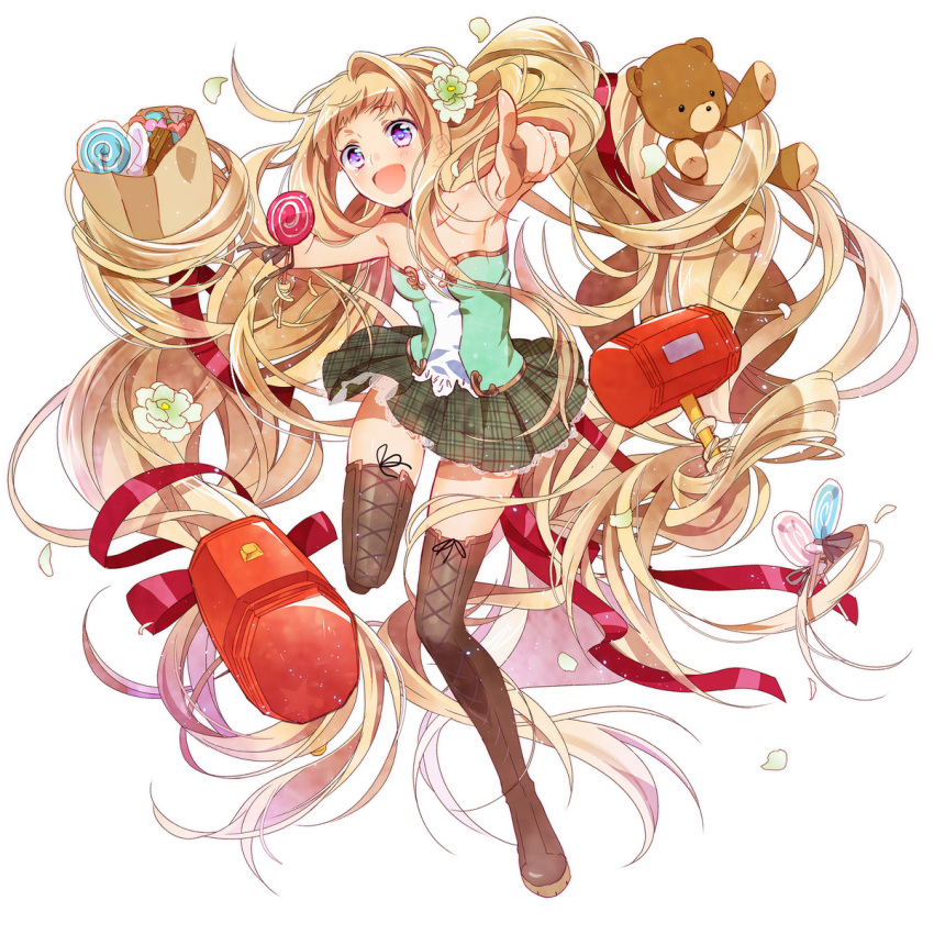 boots, candy, flower, hair_flower, hair_ornament, hammer, highres, lollipop, murakami_yuzu, original, plaid, plaid_skirt, pointing, prehensile_hair, purple_eyes, skirt, stuffed_animal, stuffed_toy, teddy_bear, thigh-highs, thigh_boots, thighhighs, violet_eyes