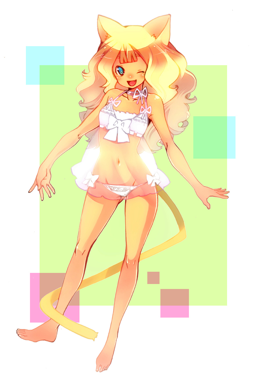 babydoll, bad_id, barefoot, blonde_hair, blue_eyes, dark_skin, fang, fangs