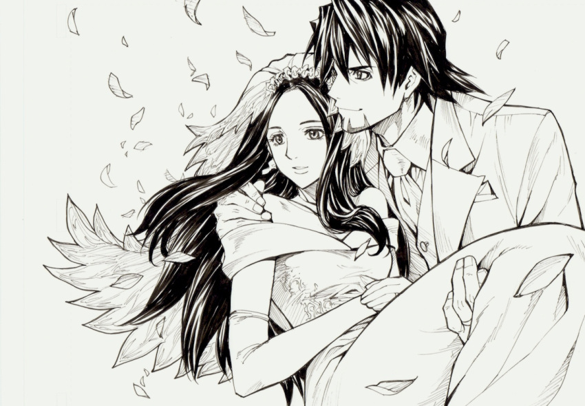 1girl, bare_shoulders, bouquet, bridal_veil, bride, carrying, couple, dress, elbow_gloves, facial_hair, flower, gloves, husband_and_wife, kaburagi_t_kotetsu, kaburagi_tomoe, long_hair, monochrome, necktie, petals, princess_carry, stubble, tiger_&amp;_bunny, traditional_media, tuxedo, ueda_hiroshi, veil, wedding, wedding_dress