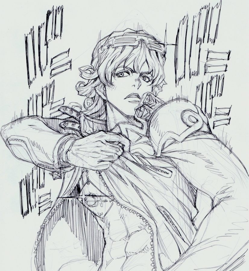 adapted_costume, araki_hirohiko_(style), barnaby_brooks_jr, glasses_on_head, jacket, jojo_no_kimyou_na_bouken, muscle, ouroboros