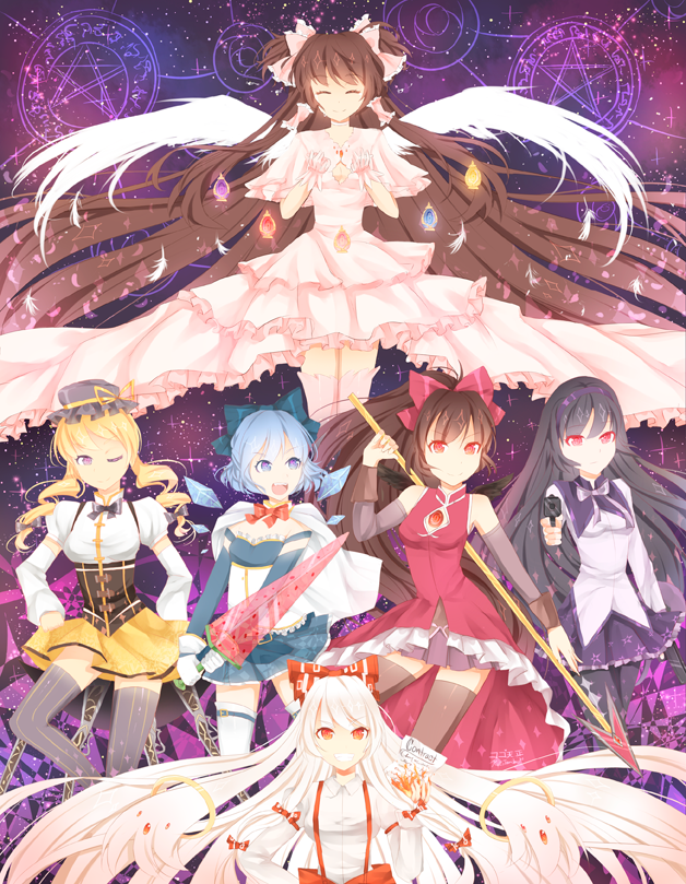 akemi_homura, akemi_homura_(cosplay), bare_shoulders, black_hair, blonde_hair, blue_eyes, blue_hair, bow