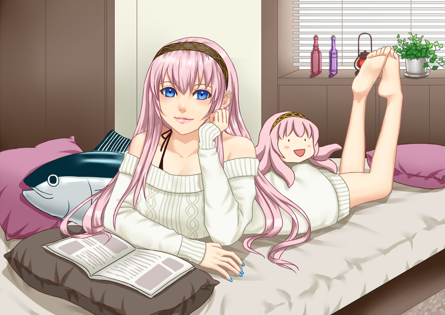 barefoot, bed, blue_eyes, book, bra_strap, feet, fish, fish_pillow