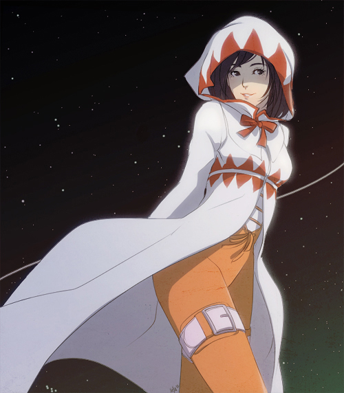 1girl, arms_behind_back, bangs, black_eyes, black_hair, bodysuit, bow, cloak