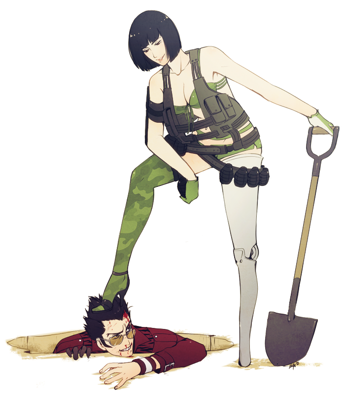 1girl, black_hair, bleeding, blood, breasts, cleavage, explosive, front-tie_top