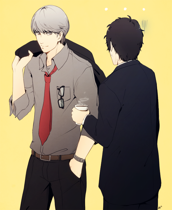 adachi_tooru, belt, black_hair, coffee, cup, doujima_ryoutarou_(cosplay), glasses, hand_in_pocket, holding, multiple_boys, mushisotisis, narukami_yuu, necktie, over_shoulder, persona, persona_4, signature, silver_eyes, silver_hair, watch, yellow_background