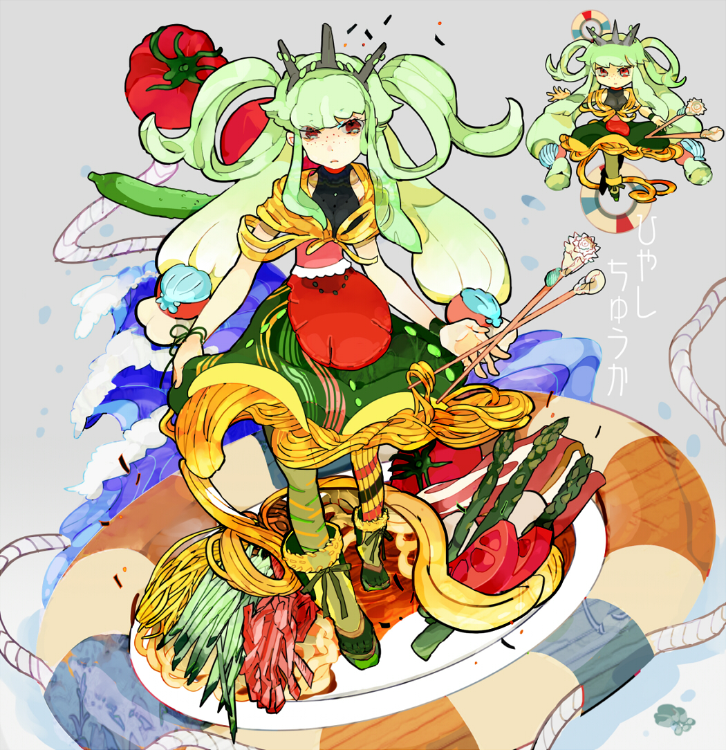 asparagus, chibi, dress, freckles, green_hair, long_hair, original, plate, red_eyes, seashell, shell, solo, standing, tomato, uoshiro, very_long_hair, waves