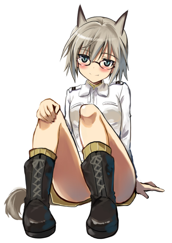 animal_ears, blue_eyes, blush, boots, character_request, eugenia_horbaczewski, fang, glasses