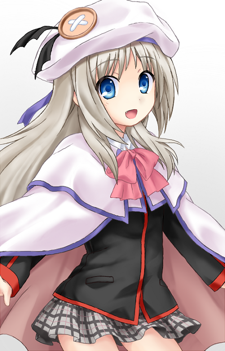 cape, fang, hat, little_busters!!, long_hair, noumi_kudryavka, ogakuzu_(ogkzzz), plaid, plaid_skirt, school_uniform, silver_hair, skirt
