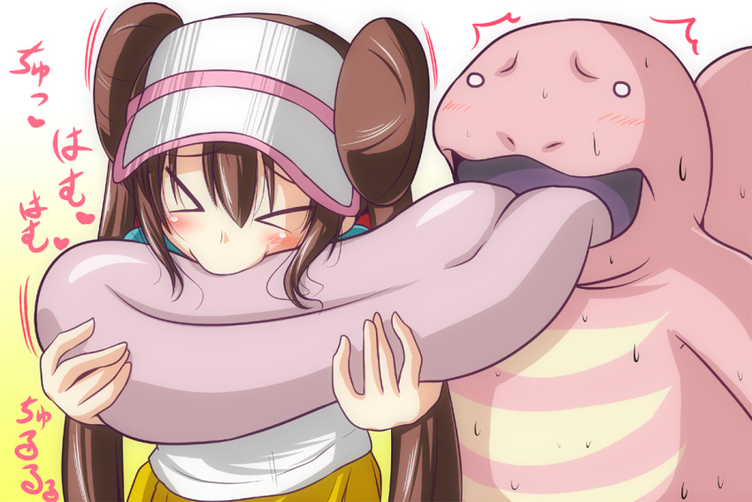>_<, :>, biting, biting_tongue, blush, brown_hair, closed_eyes, double_bun