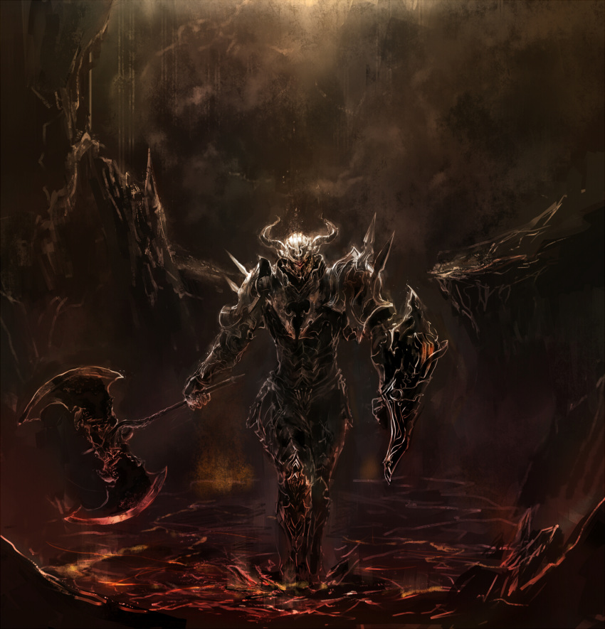 axe, breastplate, faulds, full_armor, greaves, helm, helmet, highres
