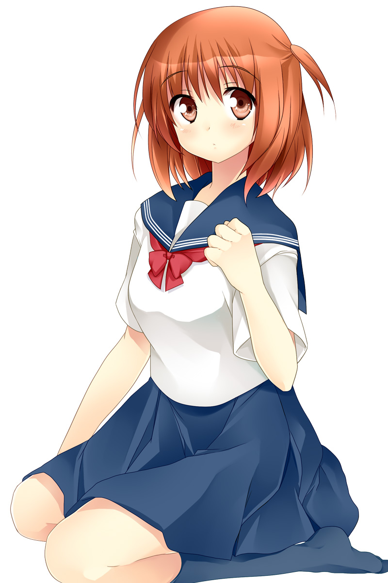 artist_request, copyright_request, highres, kneeling, orange_eyes, orange_hair, red_eyes, red_hair