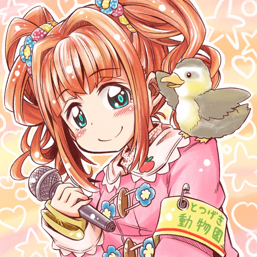 armband, bird, blue_eyes, blush, brown_hair, emu_(toran), flower, hair_flower
