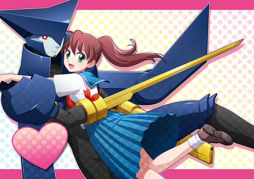 1girl, android, asagi_marin, blue_skin, bodysuit, brigadoon, brown_hair, dress, green_eyes, hug, long_hair, melan_blue, ponytail, red_eyes, school_uniform, serafuku, smile, tetsukuzu_tetsuko