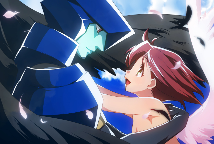 1girl, android, armor, asagi_marin, blue_skin, brigadoon, brown_hair, eye_contact, green_eyes, highres, looking_at_another, melan_blue, red_eyes, short_hair, sky, smile, tamachi_kuwa, topless, wings
