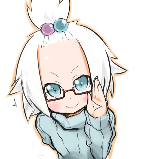>:), adjusting_glasses, bespectacled, blue_eyes, blush, forehead, fukurou_(owl222), glasses, hair_bobbles, hair_ornament, homika_(pokemon), looking_at_viewer, pokemon, pokemon_(game), pokemon_bw2, saprkle, smile, solo, sparkle, sweater, topknot, white_background, white_hair