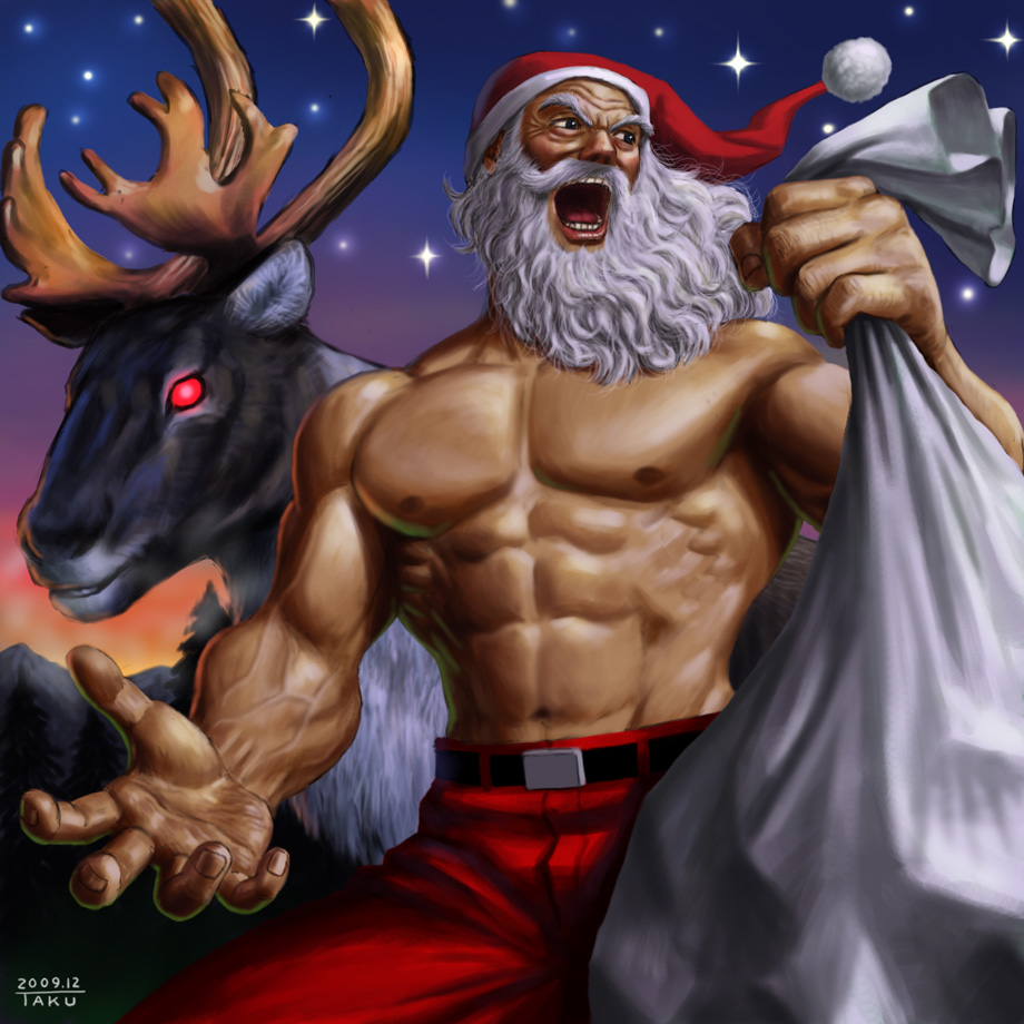 antlers, beard, blue_eyes, christmas, epic, facial_hair, glowing, glowing_eyes