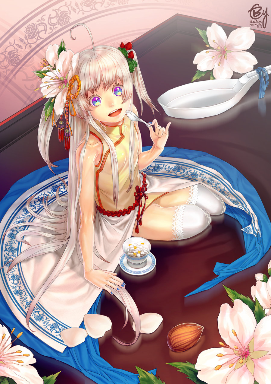 almond, b.c.n.y., bare_shoulders, big_eyes, cup, flower, highres, long_hair