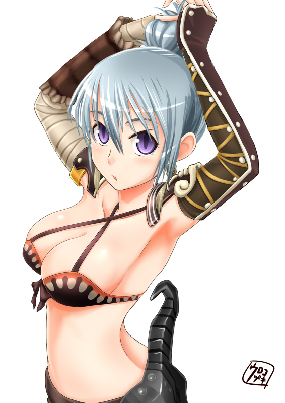 armpits, arms_up, blue_hair, breasts, cleavage, fantasy_earth_zero, purpe_eyes, purple_eyes, short_hair, simple_background, solo, urokozuki