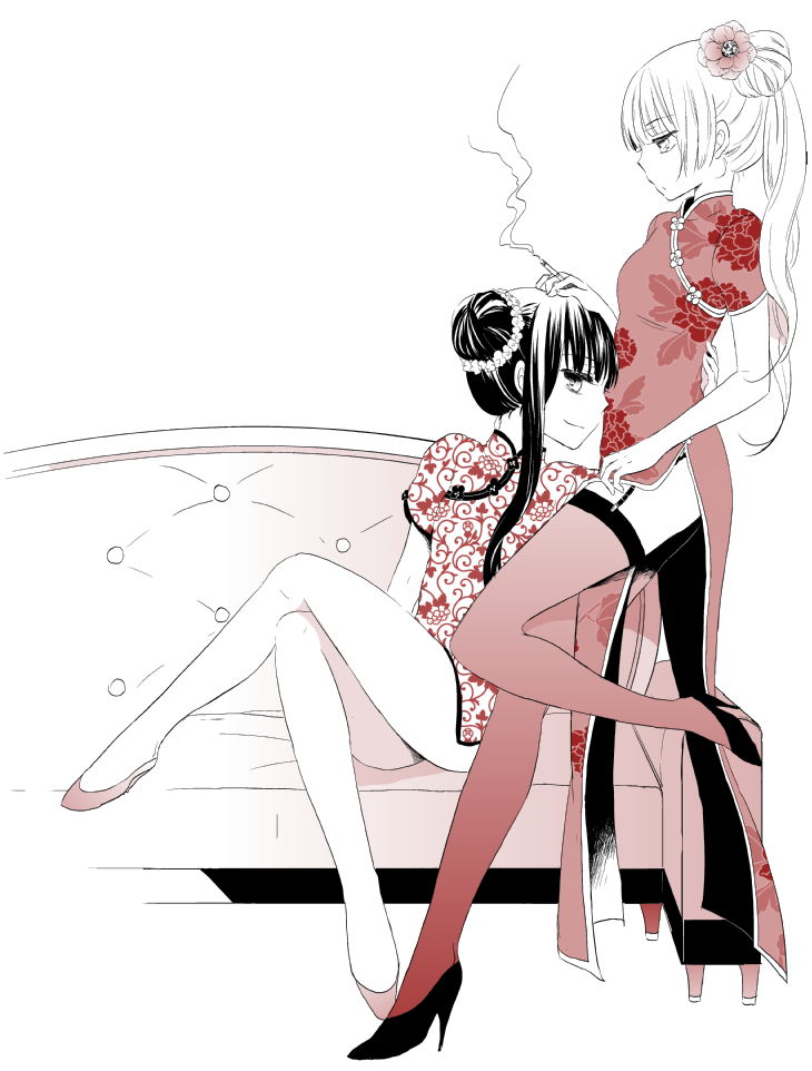 alternate_costume, alternate_hairstyle, bare_legs, china_dress, chinese_clothes, cigarette, couch, crossed_legs