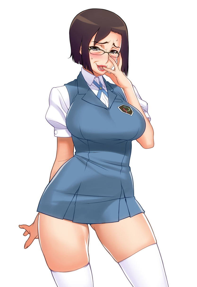 breasts, brown_eyes, brown_hair, glasses, highres, large_breasts, lips, lipstick