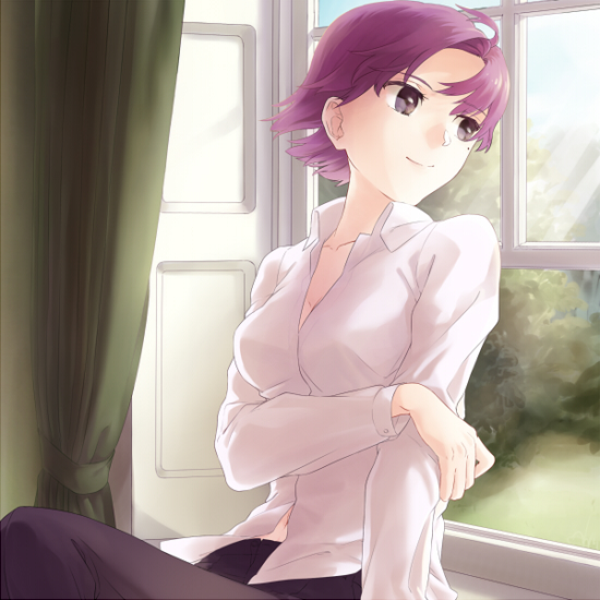 arm_grab, bazett_fraga_mcremitz, breasts, cleavage, dress_shirt, fate/hollow_ataraxia, fate_(series), gloves, mole, mspn, purple_eyes, purple_hair, shirt, short_hair, solo, violet_eyes, window