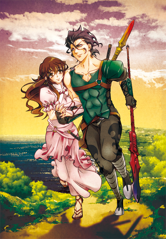 1boy, 1girl, ahoge, black_hair, bridal_gauntlets, brown_eyes, brown_hair, couple