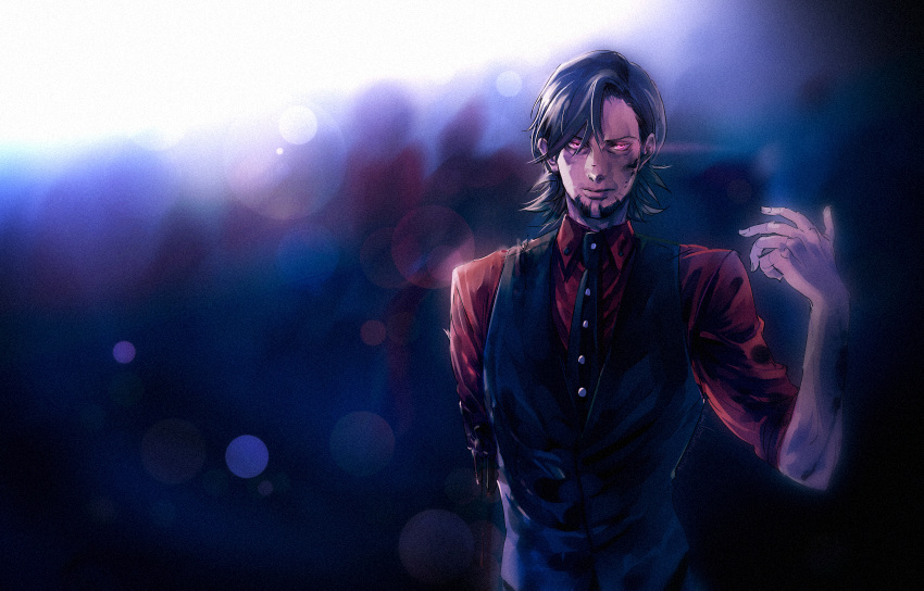 brown_hair, ebitetsu, email555, facial_hair, glowing, glowing_eyes, highres, necktie