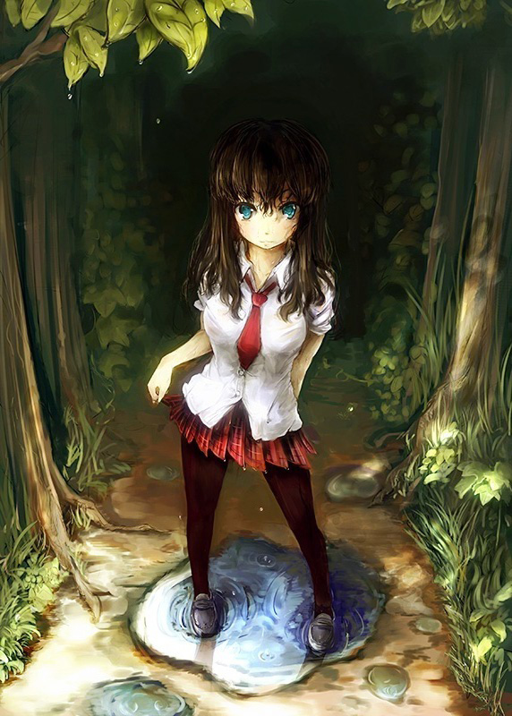 blue_eyes, brown_hair, dress_shirt, forest, loafers, long_hair, messy_hair, nagamine_(catoko), nature, necktie, original, pantyhose, path, pleated_skirt, puddle, shirt, shoes, skirt, skirt_hold, solo, tree, water_drop, wet, wet_hair
