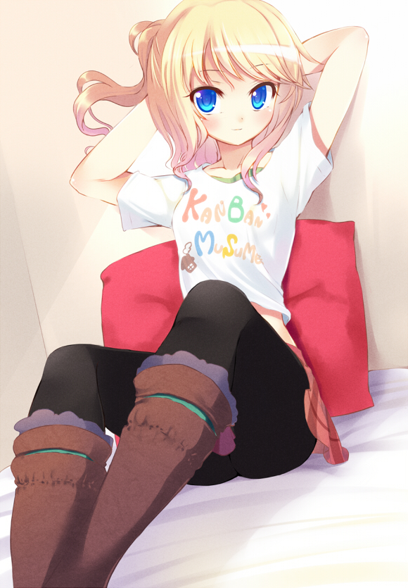 arms_up, black_legwear, blonde_hair, blue_eyes, boots, esia_mariveninne, komone_ushio, long_hair, looking_at_viewer, original, pantyhose, pillow, romaji, side_ponytail, sitting, skirt, smile, solo