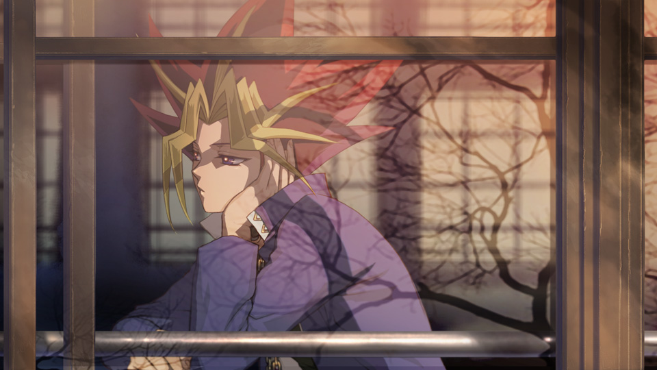 anime_coloring, blonde_hair, chin_rest, fake_screenshot, gakuran, male, multicolored_hair, mutou_yuugi
