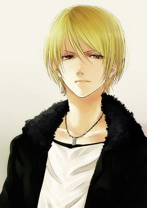 blonde_hair, brown_eyes, fur_collar, jacket, jewelry, kanameyura, necklace, short_hair, solo, tonari_no_kaibutsu-kun, yamaguchi_kenji