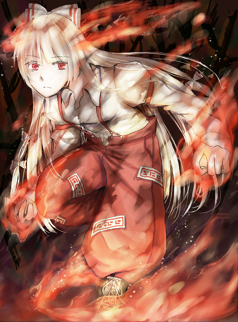bow, fire, fujiwara_no_mokou, hair_bow, hair_ribbon, kabocha_(pumpkin-crazy), long_hair, ofuda