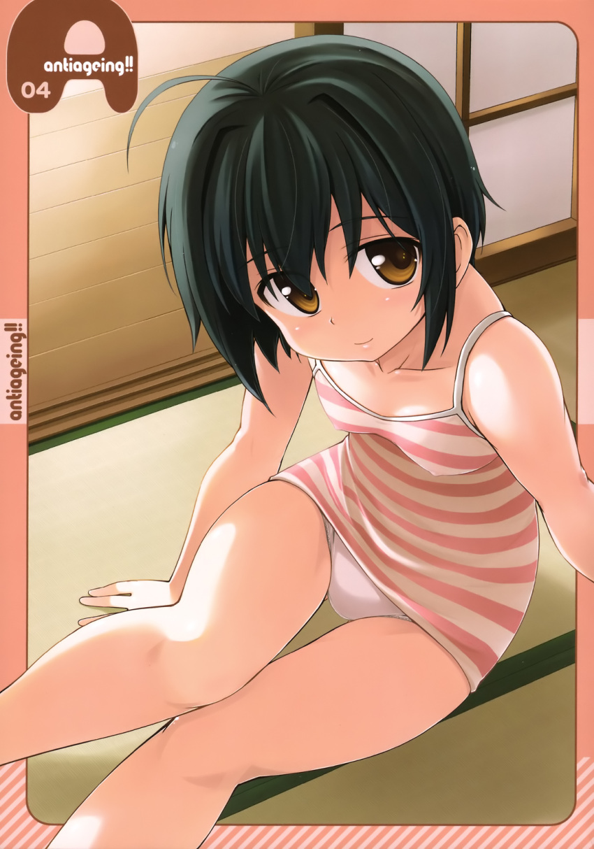 ahoge, bakutendou, black_hair, blush, border, brown_eyes, collarbone, dress