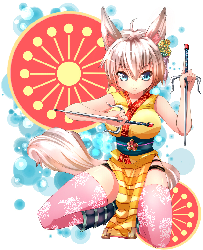 >:), animal_ears, blue_eyes, blush, fox_ears, fox_tail, hair_ornament, holding