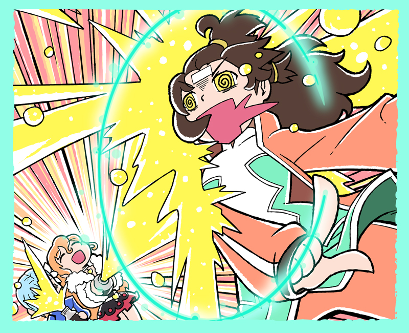 3girls, @_@, blue_hair, bottle, brown_eyes, brown_hair, fin_e_ld_si_laffinty, flower