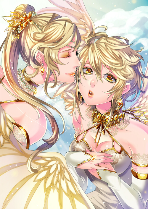 angel, bare_shoulders, black_hair, blonde_hair, breasts, cleavage, closed_eyes, collarbone