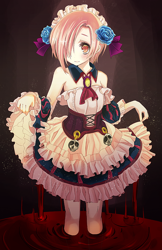 bare_shoulders, black_hair, blonde_hair, blood, blue_rose, blush, detached_collar, dress