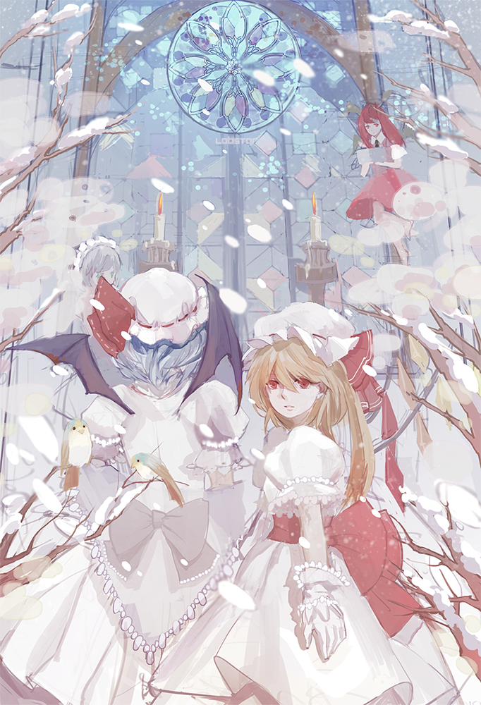alternate_costume, bat_wings, bird, blonde_hair, blue_hair, candle, dress, flandre_scarlet, gloves, green_eyes, hat, hat_ribbon, head_wings, izayoi_sakuya, koakuma, kyer, long_hair, looking_at_viewer, maid, maid_headdress, multiple_girls, puffy_sleeves, red_dress, red_eyes, red_hair, redhead, remilia_scarlet, ribbon, sash, short_hair, short_sleeves, siblings, side_ponytail, silver_hair, sisters, snow, snowing, stained_glass, touhou, tree, turning, white_dress, white_gloves, wings