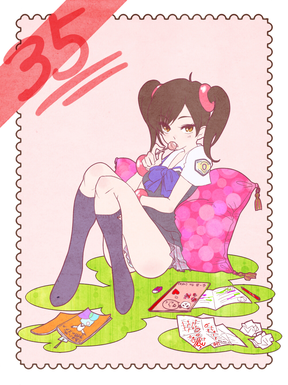 candy, highres, hiko_(fuwamaru), ling_xiaoyu, namco, panties, postage_stamp, school_uniform, serafuku, short_twintails, socks, stamp, stationery, sucking, tekken, tekken_3, tekken_4, twintails, underwear