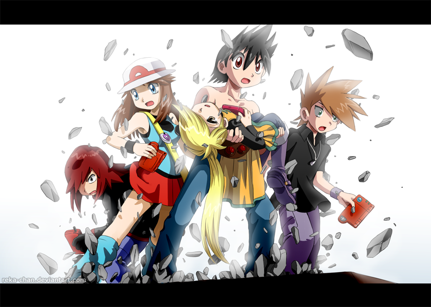 3boys, anime_coloring, armpits, bangs, bare_shoulders, belt, black_gloves, black_hair