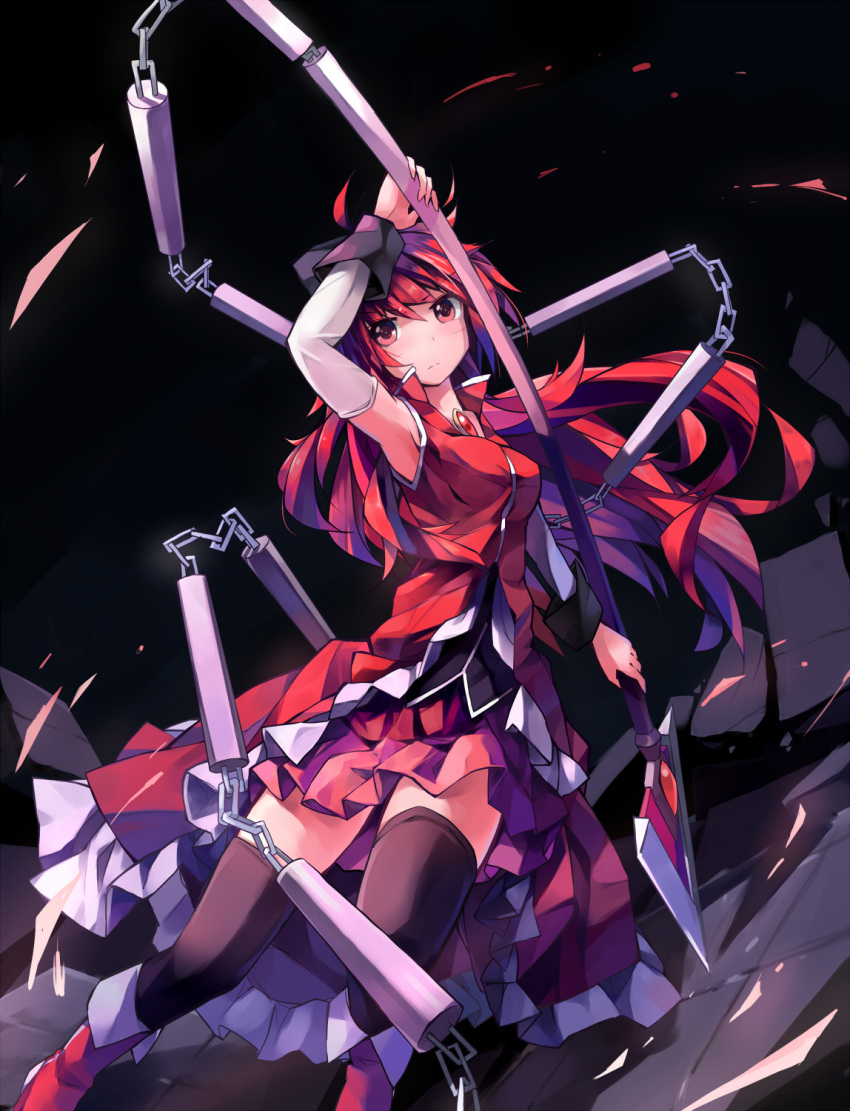 arm_up, armpits, black_legwear, detached_sleeves, dress, highres, holding, long_hair