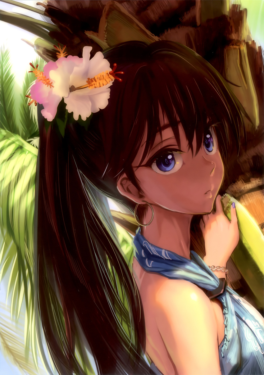 andou_chikanori, bare_shoulders, black_hair, blue_eyes, earrings, flower, ganaha_hibiki, hair_flower