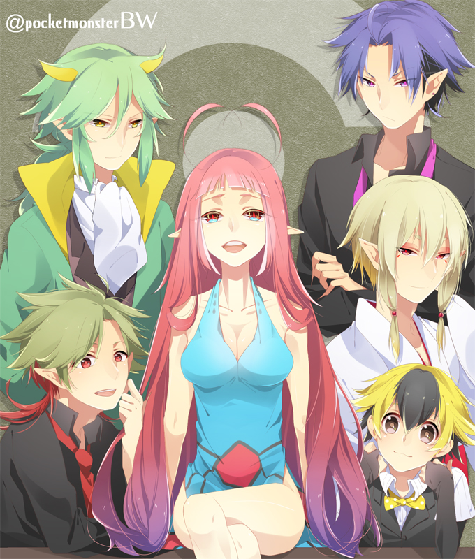 5boys, animal_ears, blonde_hair, breasts, character_request, cleavage, crossed_legs, emolga, fingerless_gloves, gloves, green_hair, haxorus, hydreigon, legs_crossed, long_hair, looking_at_viewer, milotic, miyamotokannn, multicolored_hair, multiple_boys, ninetales, personification, pink_hair, pointy_ears, pokemon, pokemon_(game), pokemon_bw, purple_hair, serperior, short_hair, sitting, smile, title_drop, very_long_hair