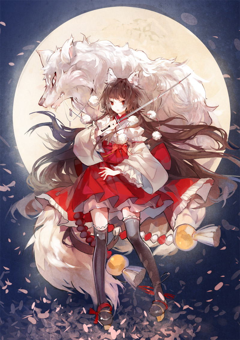 animal_ears, brown_hair, full_moon, japanese_clothes, long_hair, moon, night, night_sky
