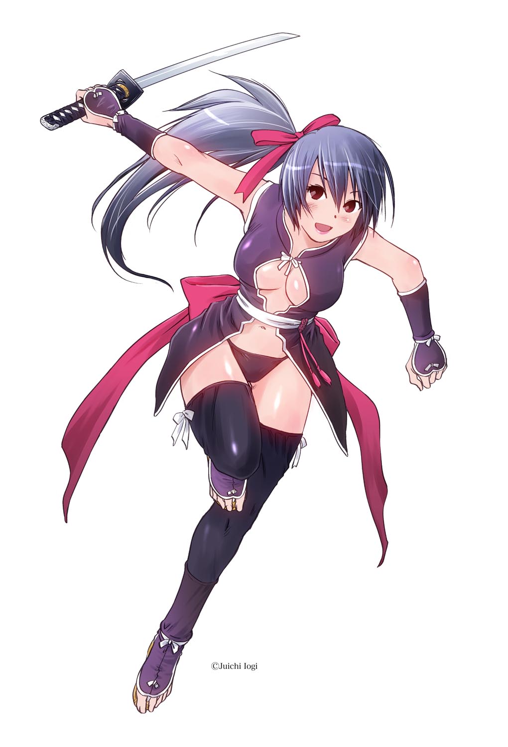 :d, artist_name, barefoot, black_legwear, blue_hair, blush, breasts, bridal_gauntlets, brown_eyes, cleavage, female, gloves, hair_ribbon, highres, iogi_juichi, japanese_clothes, kote, long_hair, navel, ninja, ninjatou, open_mouth, original, panties, ponytail, reverse_grip, ribbon, sandals, sash, signature, simple_background, smile, solo, sword, thigh-highs, thighhighs, toeless_legwear, toeless_socks, toes, underwear, weapon, white_background