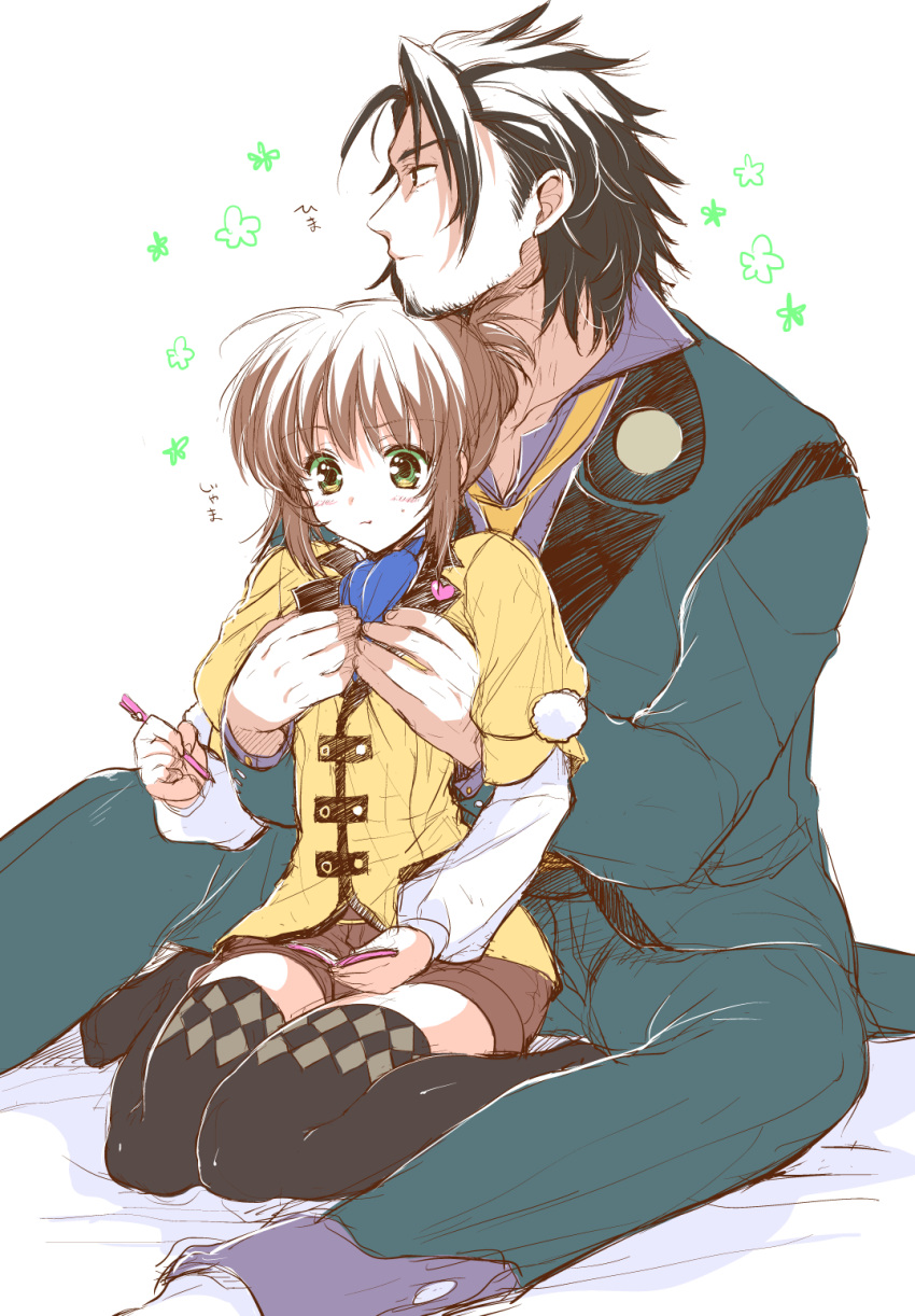1girl, :t, alvin_(tales_of_xillia), annoyed, argyle, argyle_legwear, beard, black_eyes
